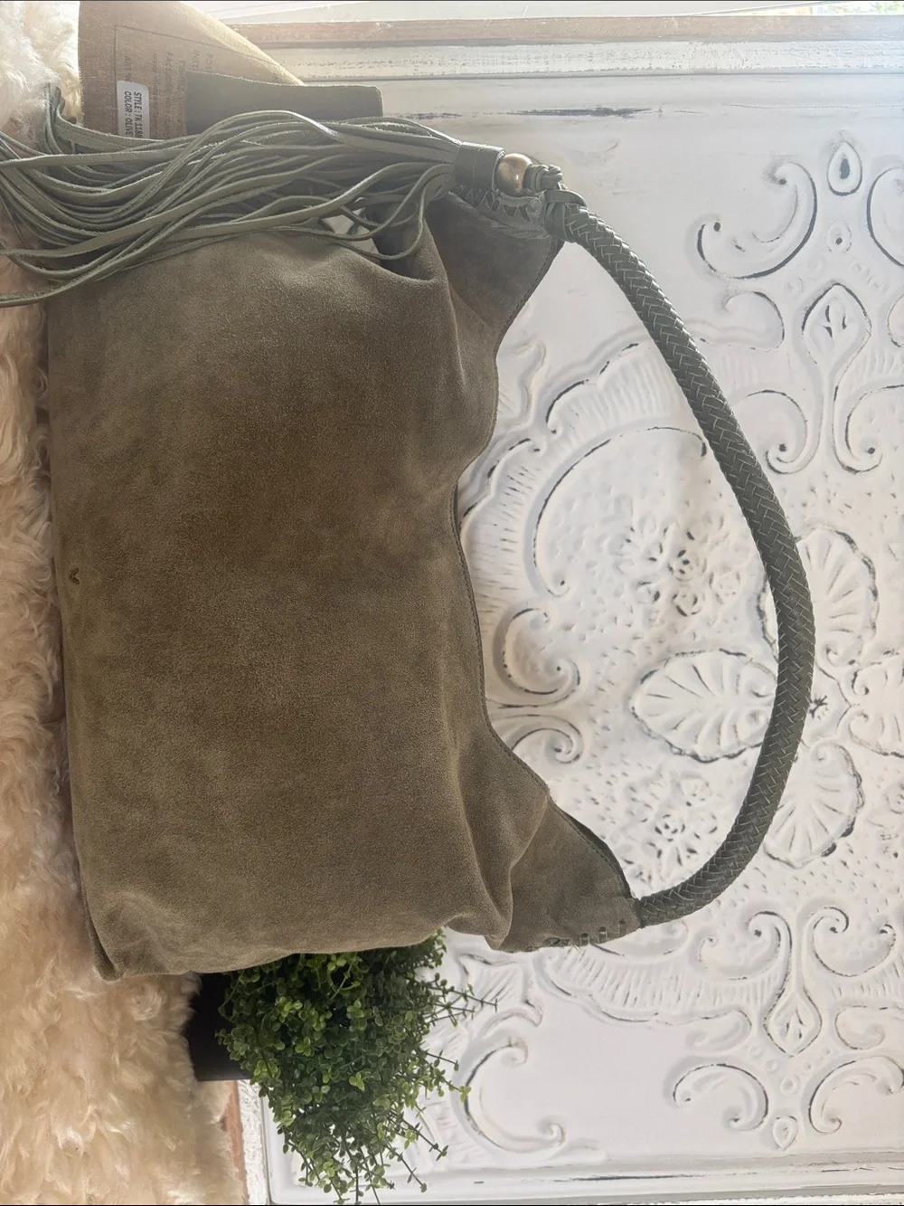 Olive Suede Hobo Bag with Braided Handle and Fringe